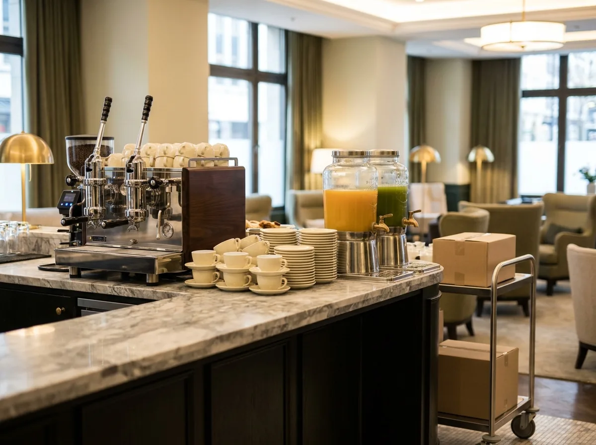Hotel breakfast station stocked with coffee equipment and supplies