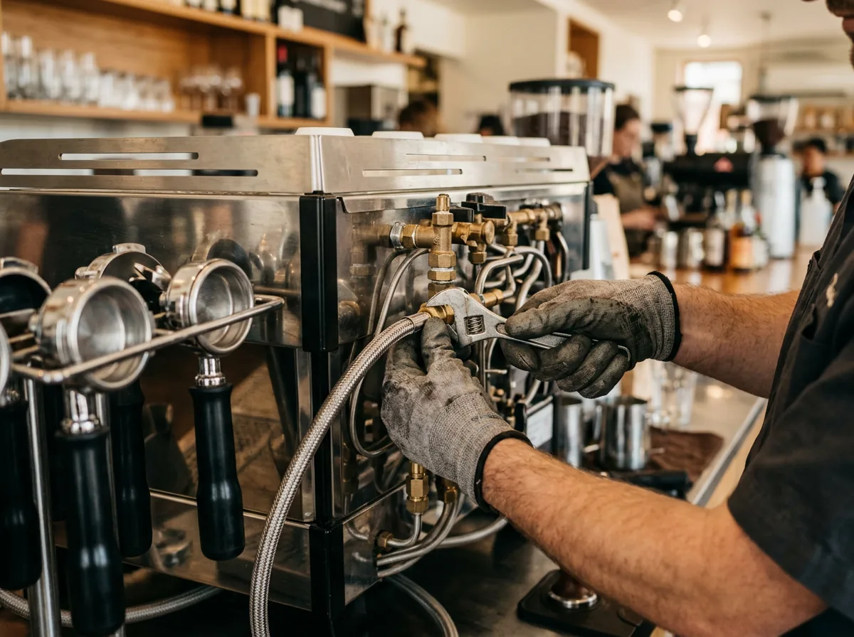 Technician installing a commercial espresso machine